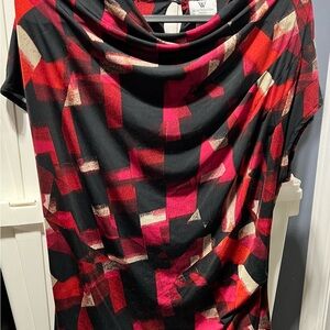 Worthington Red and Black Patterned Cowl Neck Top
